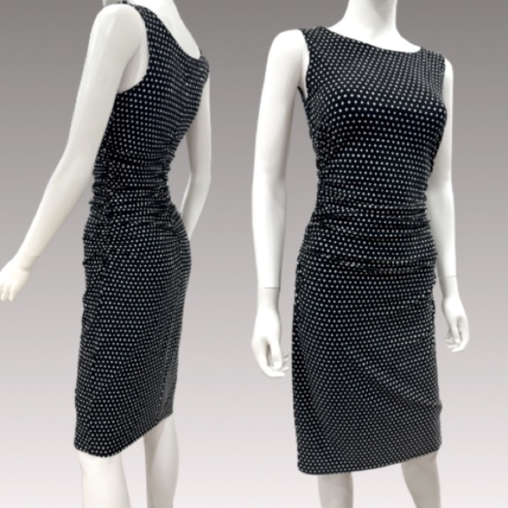 Norma Kamali Black Polka Dot Flattering Ruched Sleeveless Dress